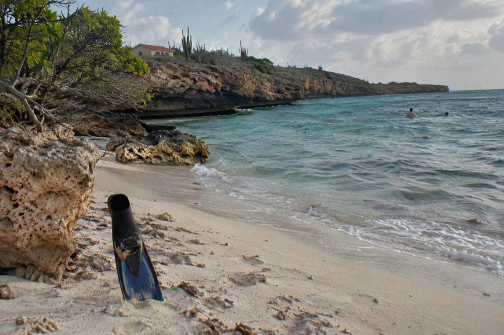 A quiet shoreline with calm shallow water and an empty stretch of pale sand