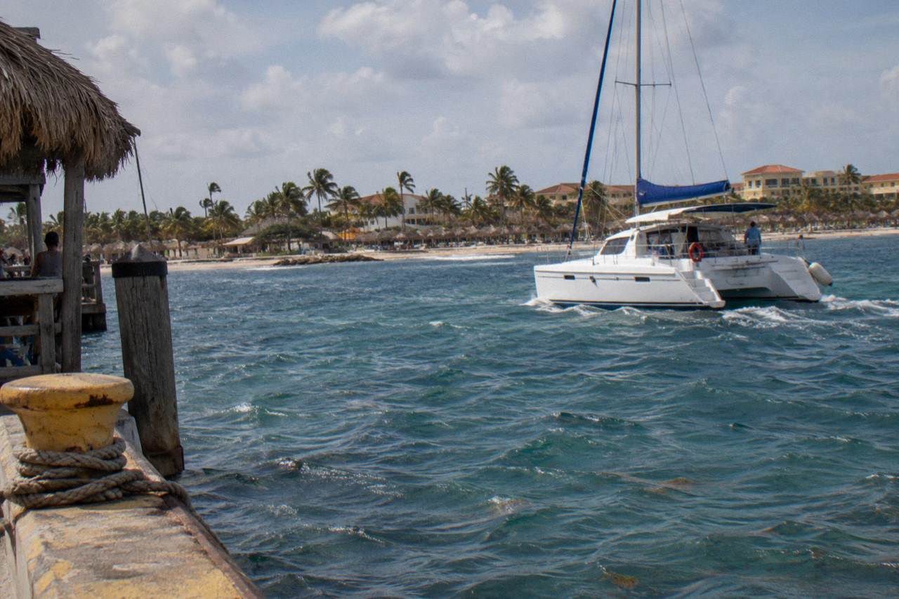 A catamaran sailing on calm blue water along the Aruba coast at late afternoon