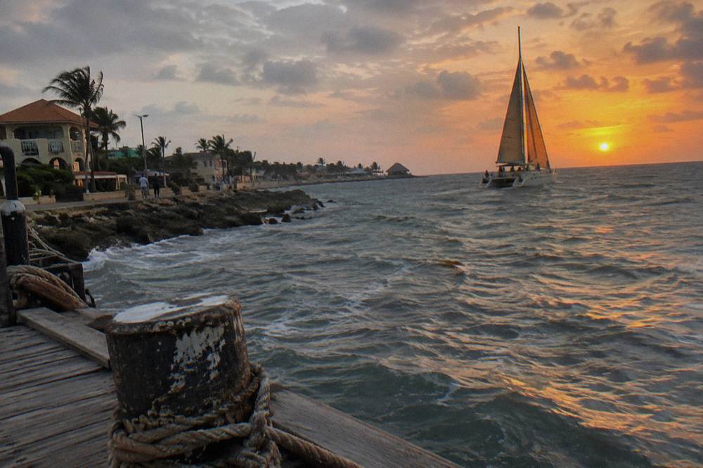 A catamaran under sail offshore at sunset with an orange sky over calm sea