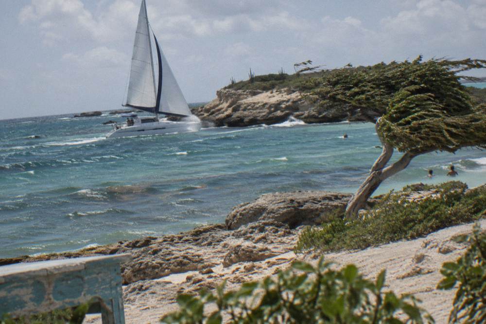 A catamaran under sail along a sunny Caribbean coastline