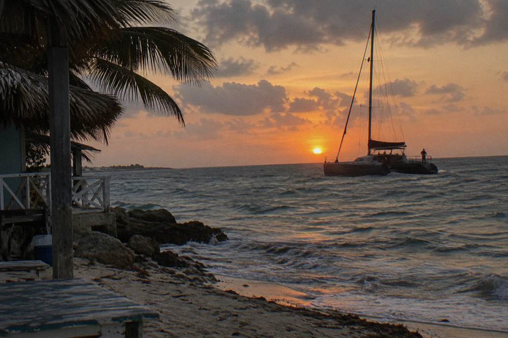 A catamaran silhouetted against an orange sunset over calm sea