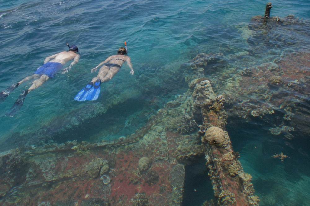 Snorkelers floating above the hull of a large sunken ship in clear blue water
