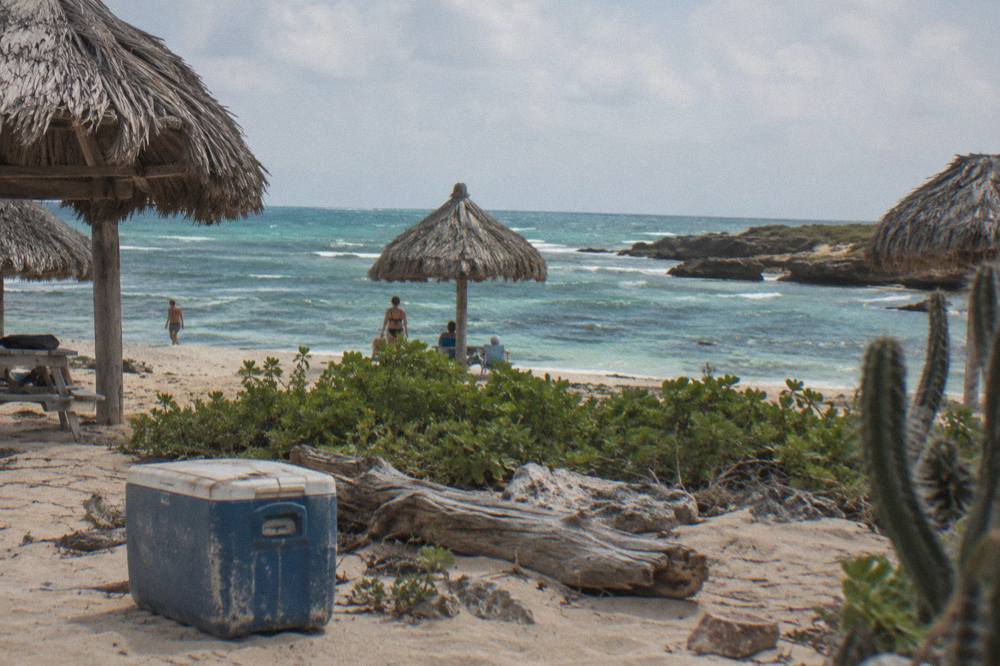 Wide sandy beach with white sand, calm turquoise water and low divi trees