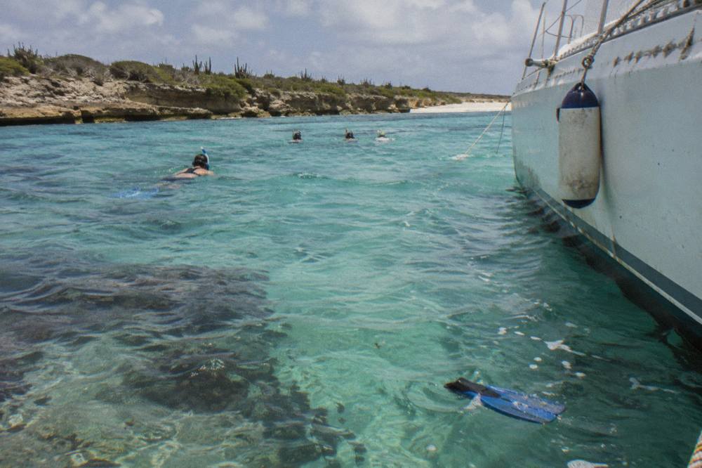 A catamaran with snorkelers in the water beside a reef in calm turquoise sea