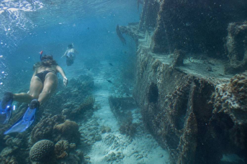 Snorkelers in the water beside a coral reef in clear shallow water